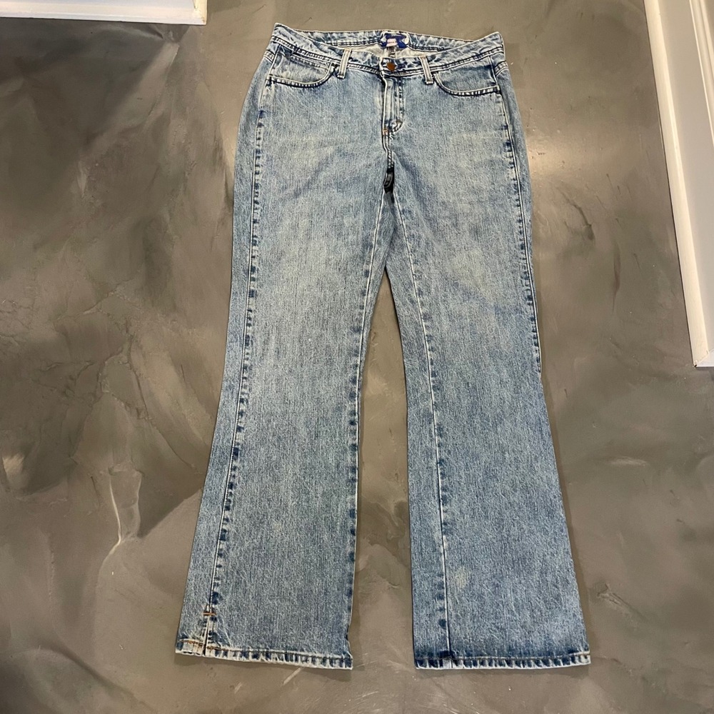 Wrangler Premium Blue Patch Denim Jeans Junior Size 11 33x34 Bootcut Womens